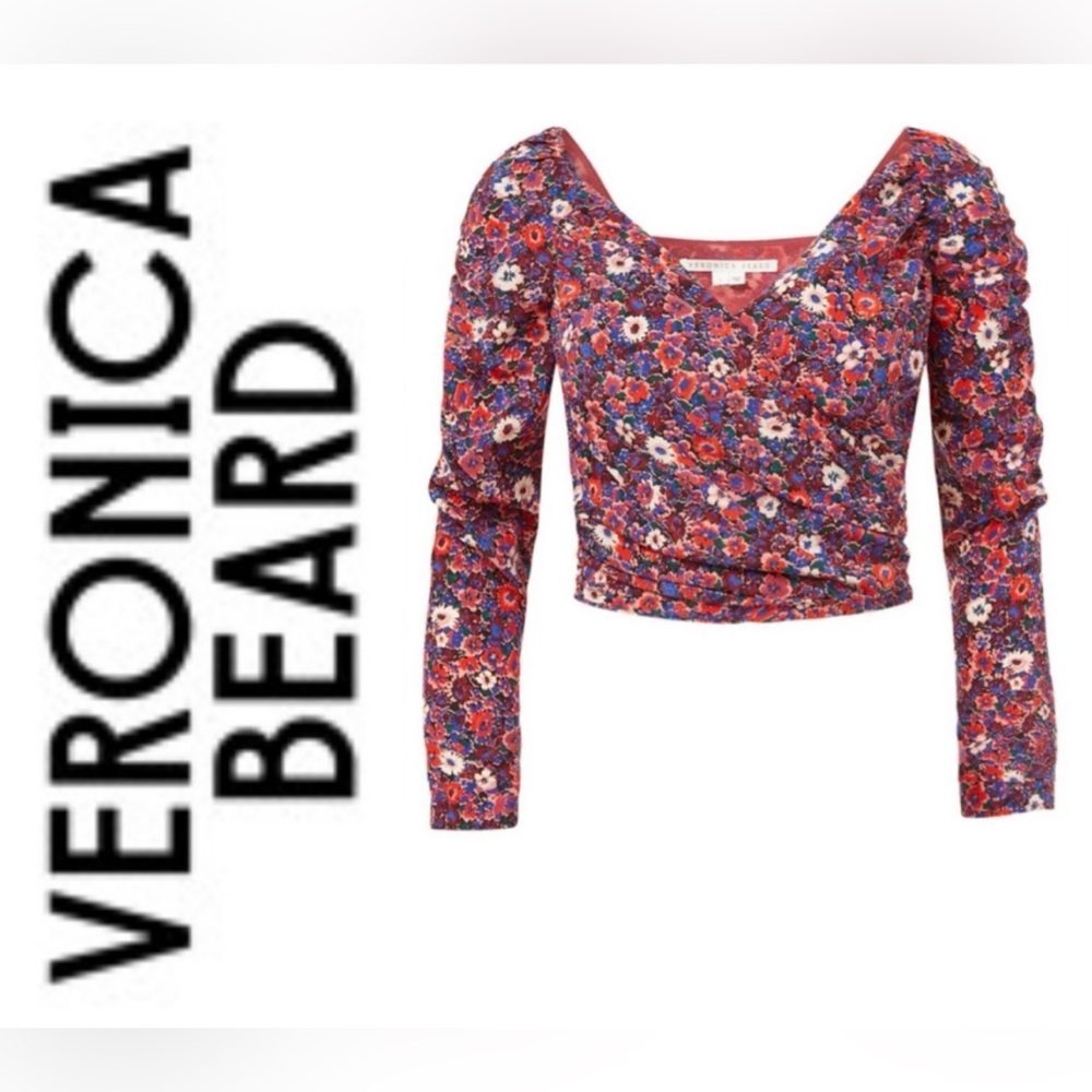 New Veronica Beard Red Floral V-Neck Long Sleeve Cropped Blouse
